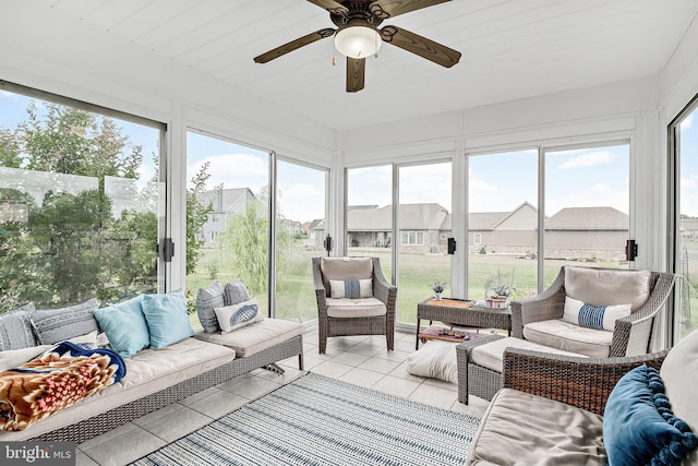 sunroom with ceiling fan, wooden ceiling, and a healthy amount of sunlight