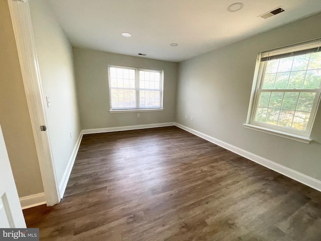 empty room featuring a wealth of natural light and dark hardwood / wood-style flooring