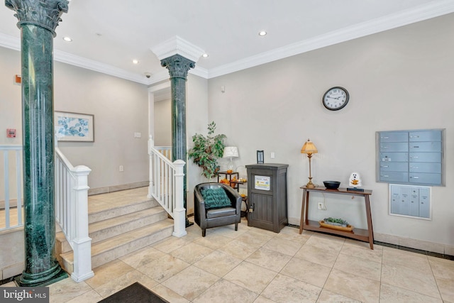 interior space featuring ornate columns, recessed lighting, crown molding, stairs, and baseboards