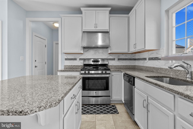 kitchen with white cabinetry, sink, appliances with stainless steel finishes, backsplash, and range hood