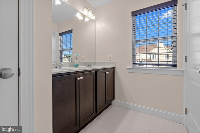 bathroom with a wealth of natural light, tile patterned flooring, and vanity