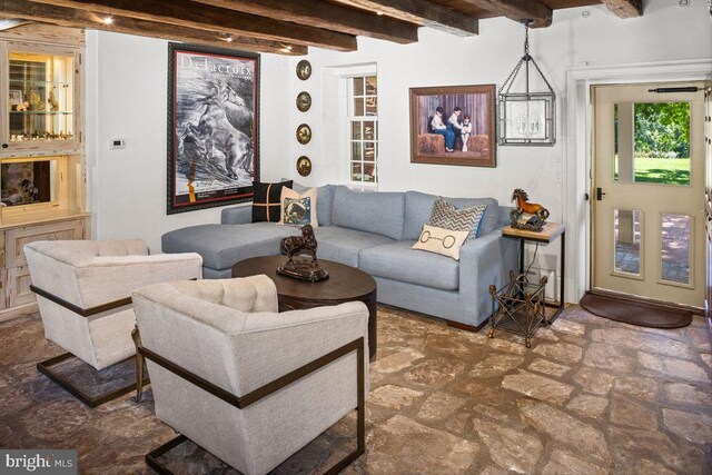 720 Swedesford Rd, Lower Gwynedd, PA 19002 - living room with stone flooring and beamed ceiling