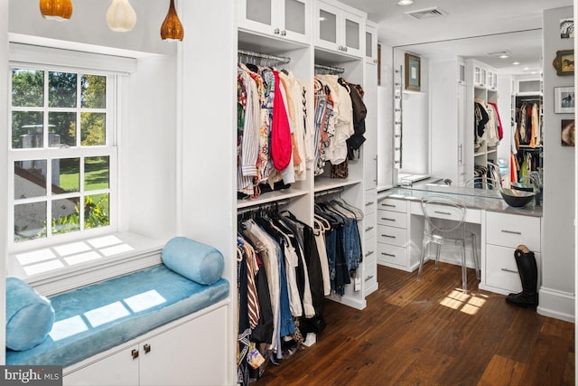 walk in closet with dark hardwood / wood-style floors