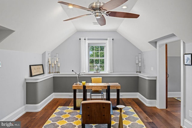 office featuring dark wood-type flooring, ceiling fan, and vaulted ceiling