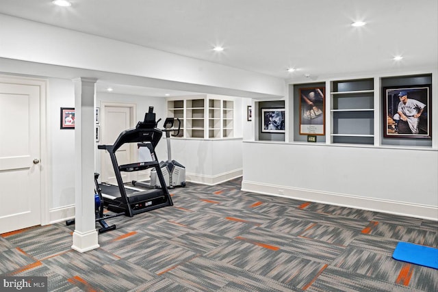 720 Swedesford Rd, Lower Gwynedd, PA 19002 - exercise area with carpet flooring, baseboards, recessed lighting, and built in shelves