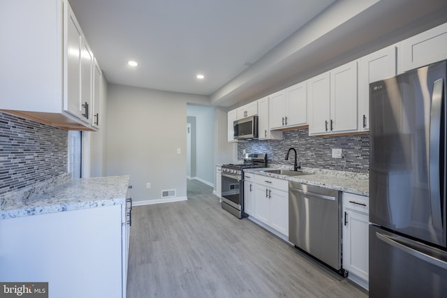 kitchen with sink, stainless steel appliances, backsplash, light hardwood / wood-style floors, and white cabinets