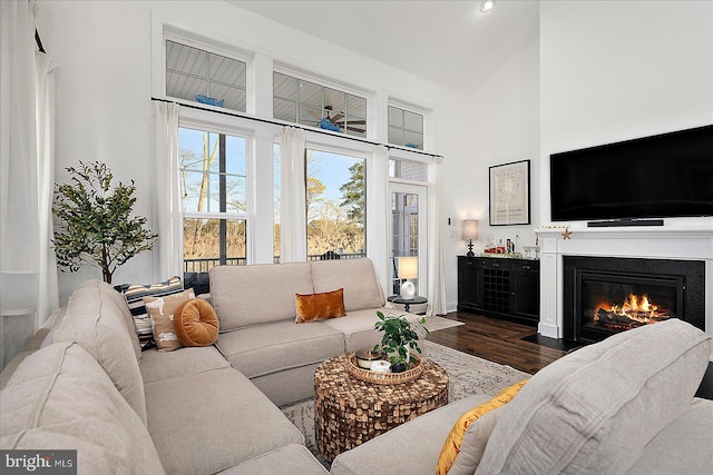 living room featuring a fireplace with flush hearth, high vaulted ceiling, and wood finished floors