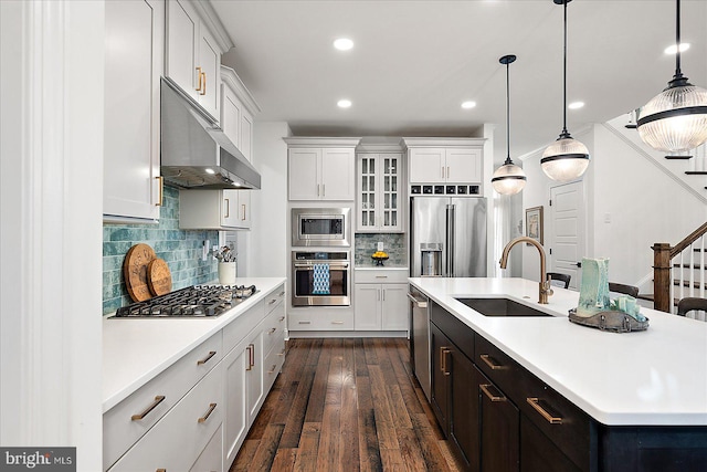 kitchen with under cabinet range hood, appliances with stainless steel finishes, light countertops, and a sink