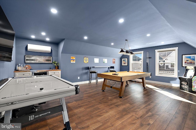 recreation room with baseboards, dark wood finished floors, lofted ceiling, a wall mounted AC, and recessed lighting