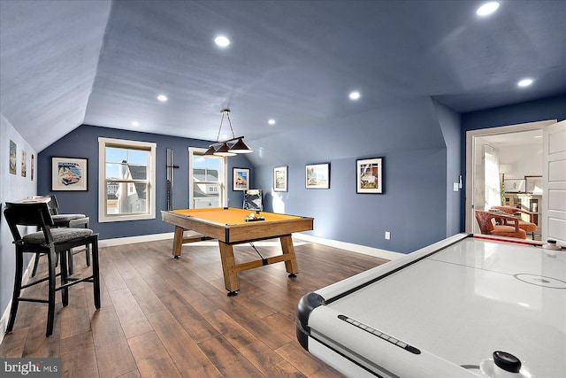 rec room featuring lofted ceiling, recessed lighting, billiards, baseboards, and dark wood finished floors