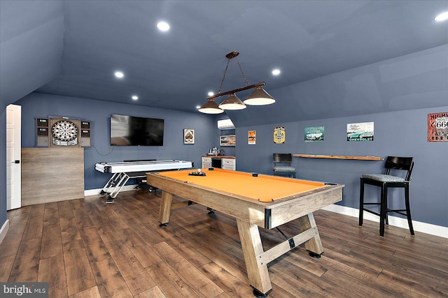 game room with recessed lighting, pool table, vaulted ceiling, and wood finished floors