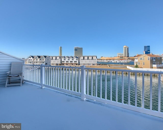 view of patio / terrace featuring a water view