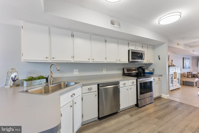 kitchen with light hardwood / wood-style flooring, appliances with stainless steel finishes, sink, and white cabinets