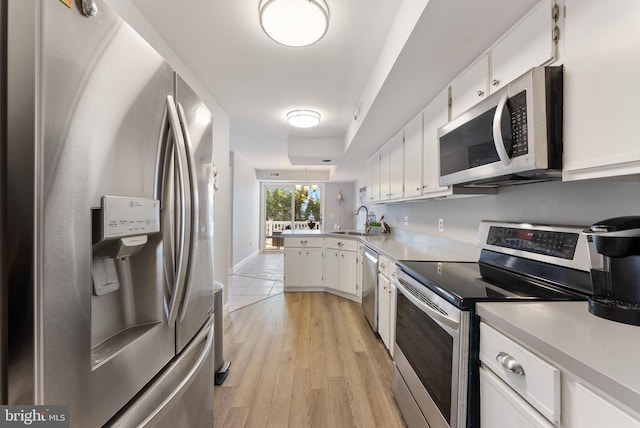 kitchen with stainless steel appliances, sink, light hardwood / wood-style floors, white cabinets, and kitchen peninsula