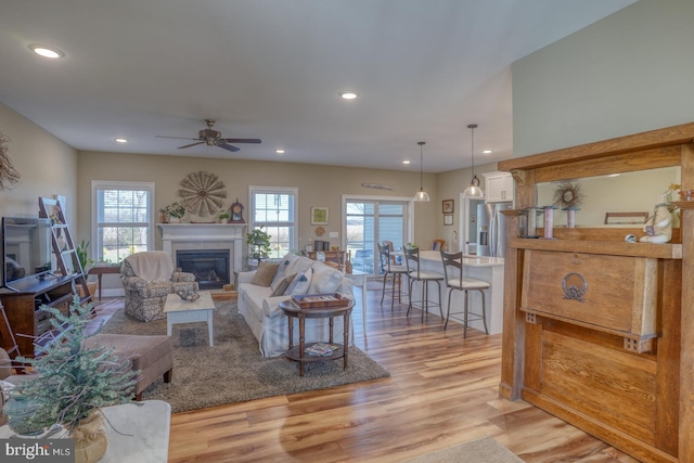 living room featuring light hardwood / wood-style floors and ceiling fan