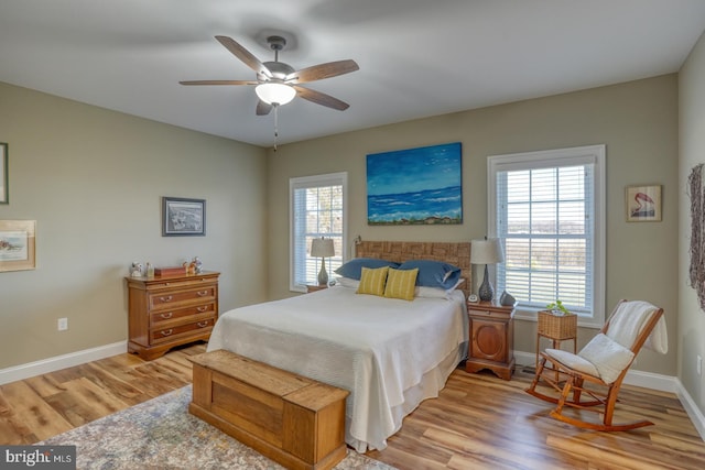 bedroom with ceiling fan and light hardwood / wood-style flooring