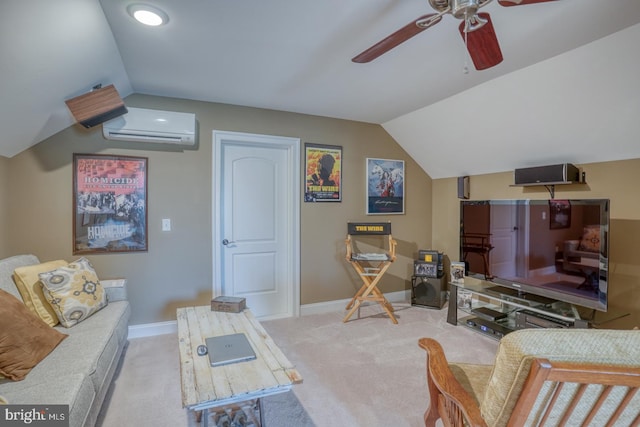 carpeted living room with lofted ceiling, ceiling fan, and a wall mounted air conditioner