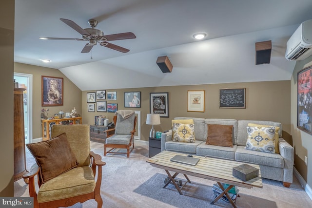 living room featuring a wall unit AC, lofted ceiling, ceiling fan, and light carpet