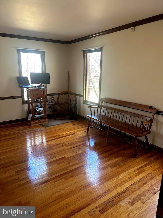 sitting room with crown molding and hardwood / wood-style floors