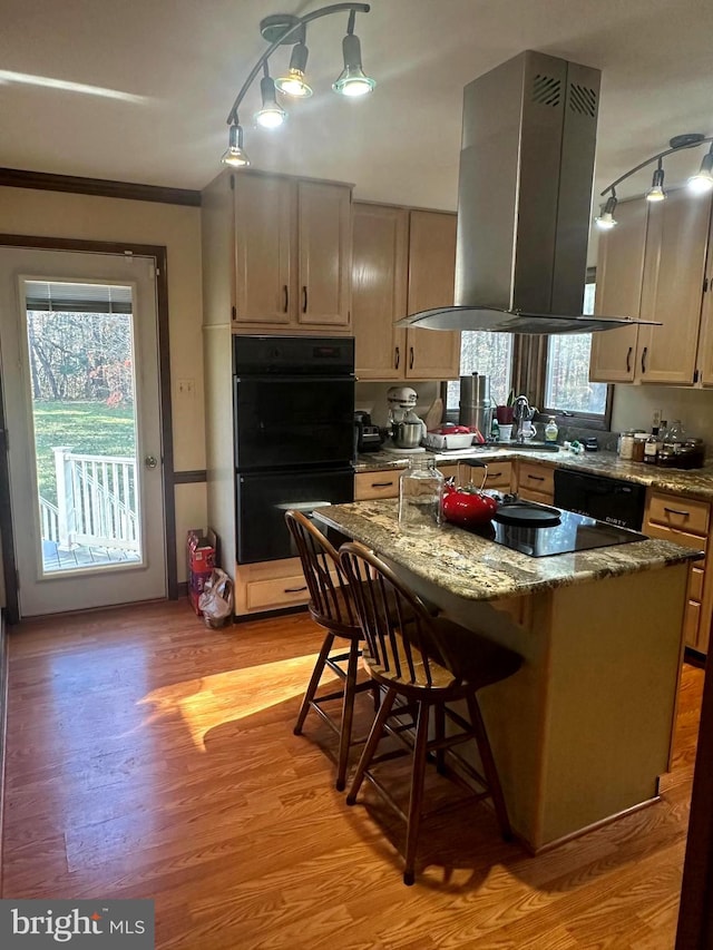 kitchen with a center island, black appliances, light hardwood / wood-style flooring, light stone counters, and island exhaust hood