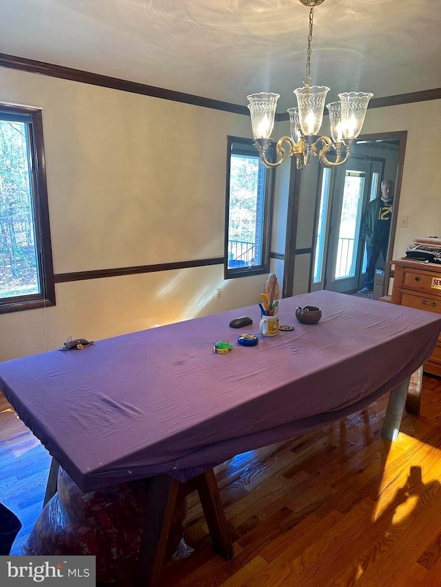 dining area with crown molding, hardwood / wood-style floors, and a notable chandelier