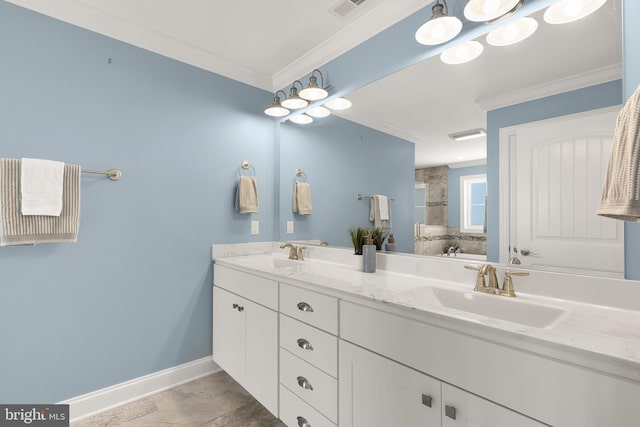 bathroom featuring walk in shower, vanity, and ornamental molding