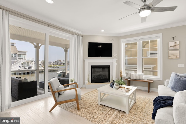 living room with hardwood / wood-style floors, ceiling fan, and ornamental molding