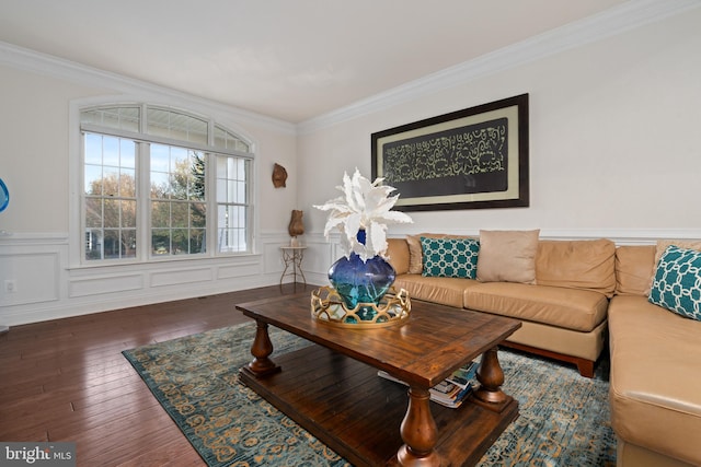 living room with ornamental molding and dark hardwood / wood-style floors