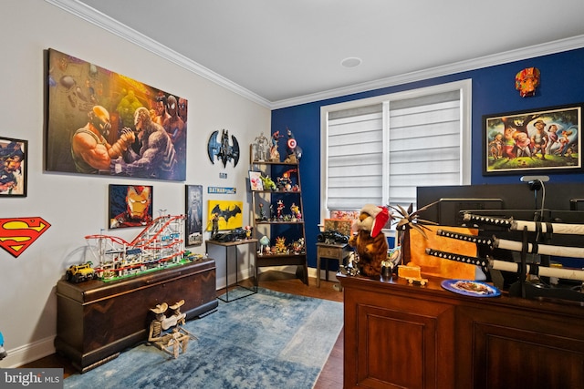 interior space with wood-type flooring and ornamental molding