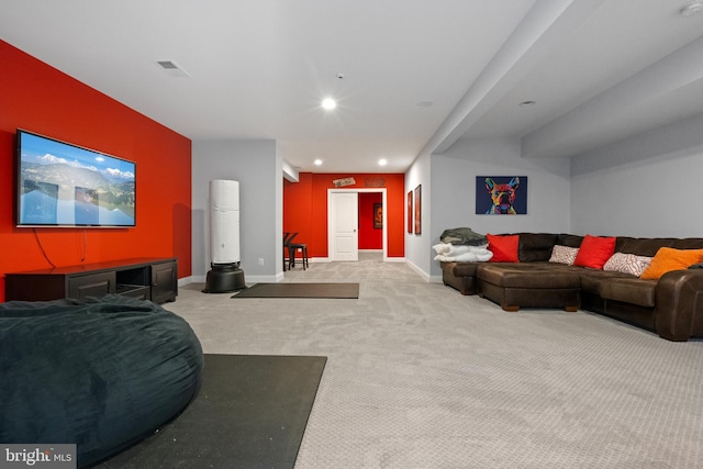 living room featuring light carpet