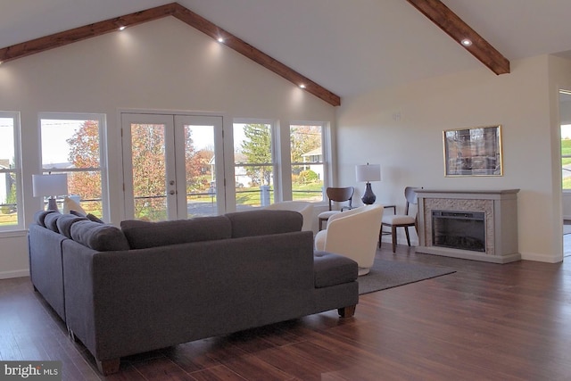 living room with beamed ceiling, plenty of natural light, dark hardwood / wood-style floors, and high vaulted ceiling