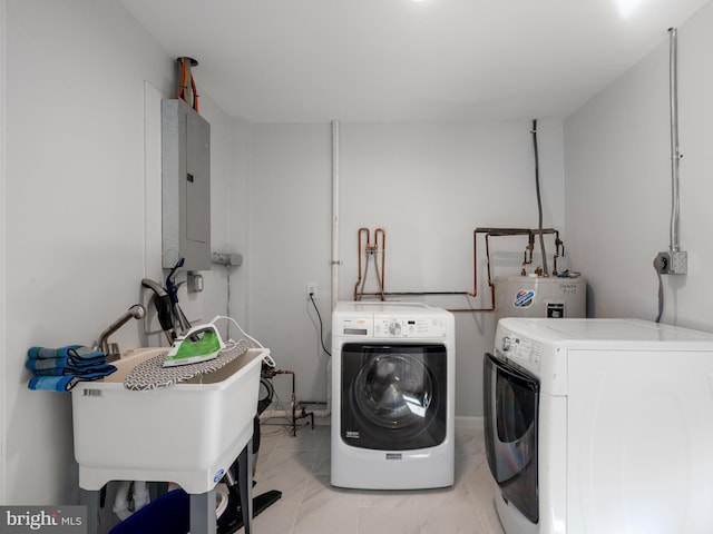 laundry area with washer and clothes dryer, electric panel, sink, and electric water heater