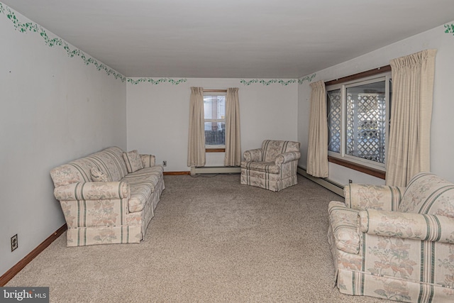 living room featuring light carpet and a baseboard radiator