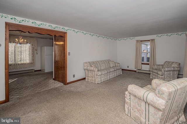 unfurnished living room featuring a chandelier, carpet, and a baseboard radiator