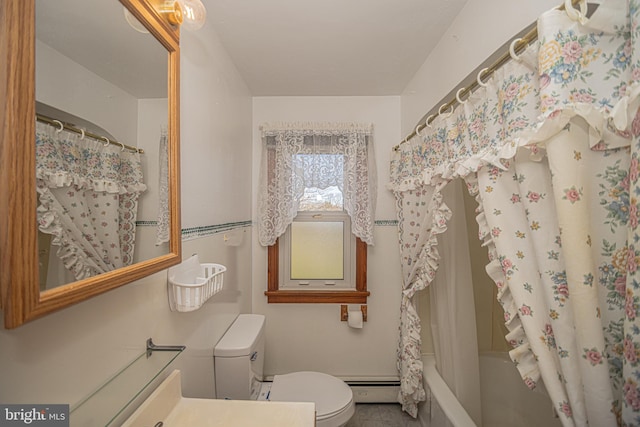 bathroom featuring baseboard heating, toilet, and shower / tub combo