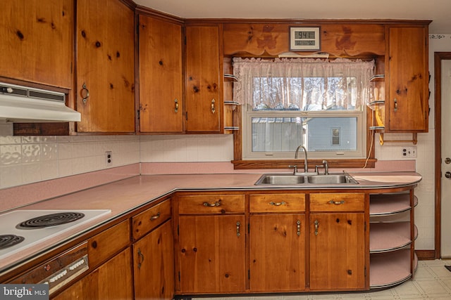 kitchen with white electric stovetop, sink, and decorative backsplash