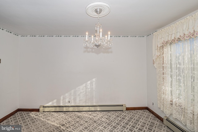 carpeted empty room with a chandelier and baseboard heating