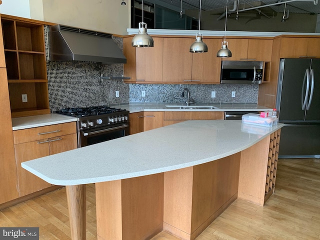 kitchen featuring light wood-type flooring, appliances with stainless steel finishes, wall chimney range hood, pendant lighting, and sink