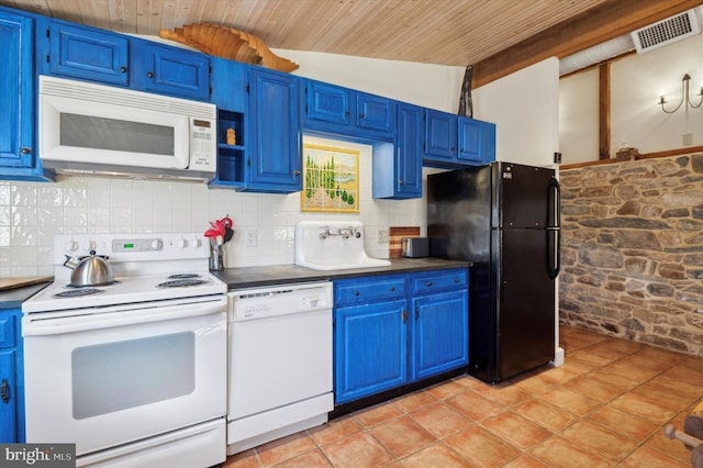 kitchen featuring vaulted ceiling with beams, white appliances, wood ceiling, and blue cabinets