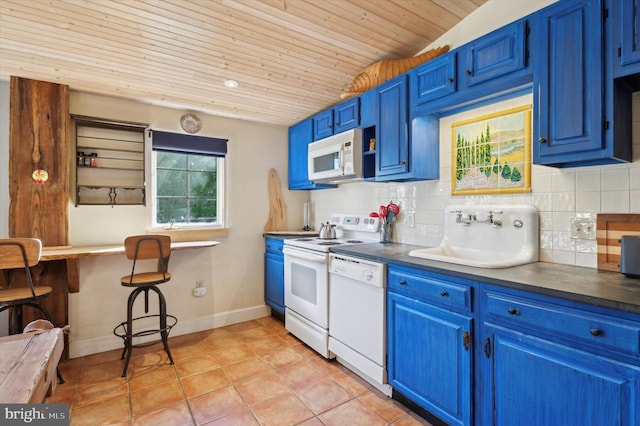 kitchen with light tile patterned floors, white appliances, wood ceiling, blue cabinets, and decorative backsplash