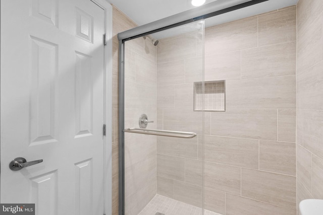 bathroom featuring a shower with shower door