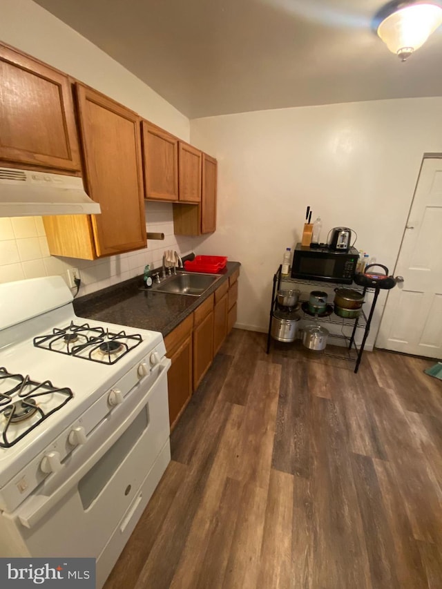 kitchen with dark hardwood / wood-style floors, tasteful backsplash, white gas stove, and sink