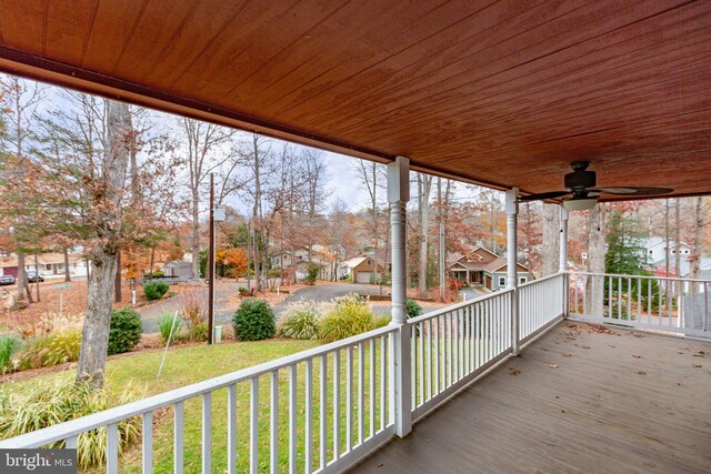 wooden terrace featuring ceiling fan and a porch