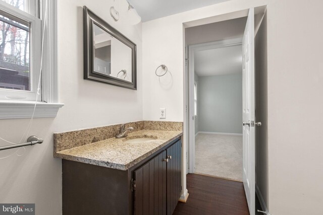 bathroom with vanity and wood-type flooring