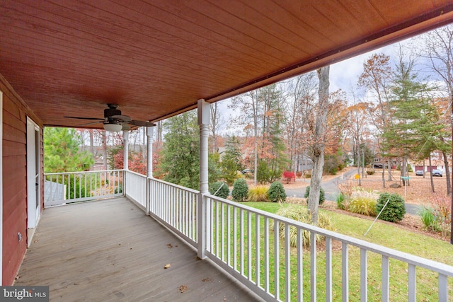 wooden deck with ceiling fan and covered porch