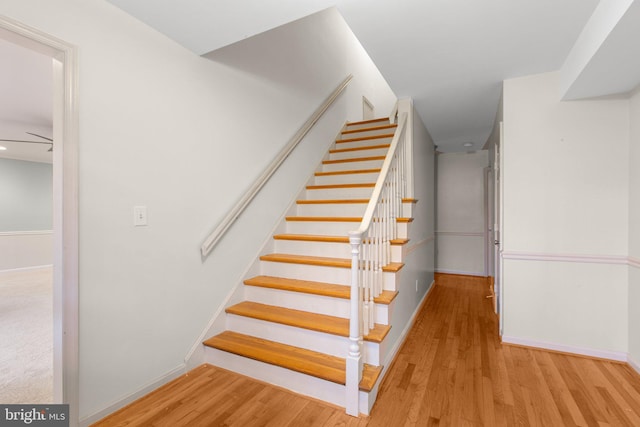 stairway featuring ceiling fan and wood-type flooring