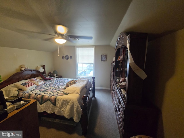 carpeted bedroom with ceiling fan and lofted ceiling