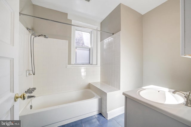 bathroom with vanity, tile patterned floors, and tiled shower / bath combo