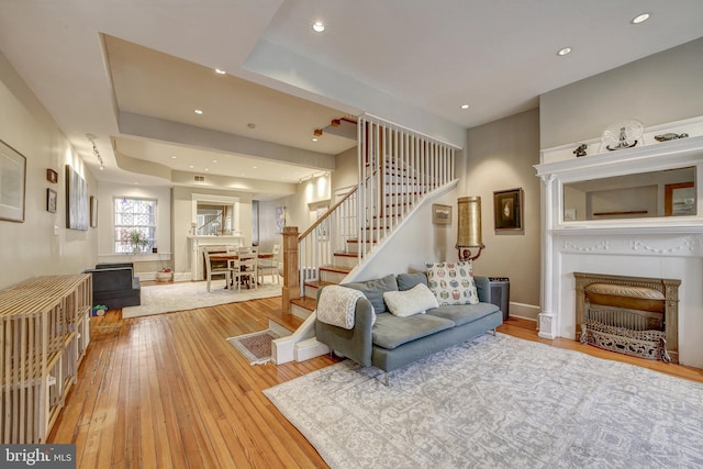 living room featuring wood-type flooring and a tray ceiling