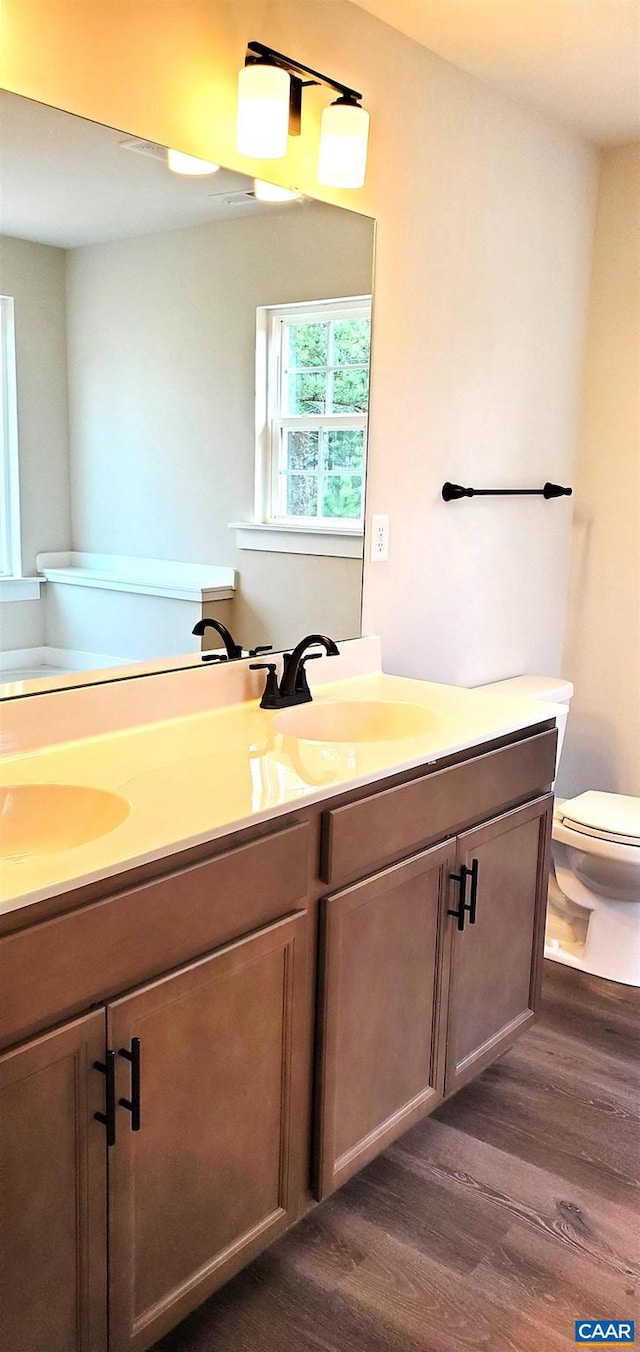 bathroom featuring wood-type flooring, vanity, and toilet